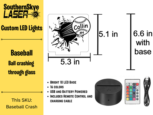 Baseball Crashing Through Glass LED Light, Night Light, Desk Light Personalized Gift, Trophy, Award