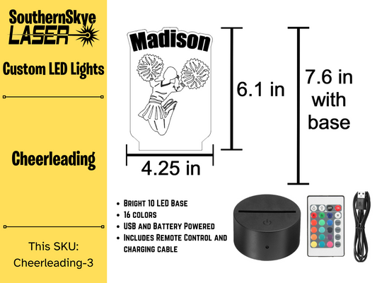 Cheerleader LED Light, Night Light, Desk Light Personalized Gift, Trophy, Award