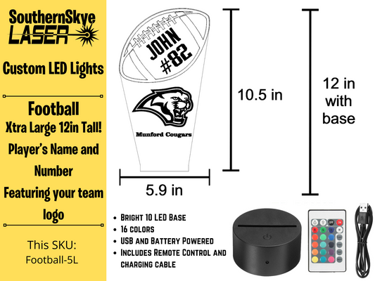 Football LED Light, Night Light, Desk Light Personalized Gift, Trophy, Award - XL 12 in tall