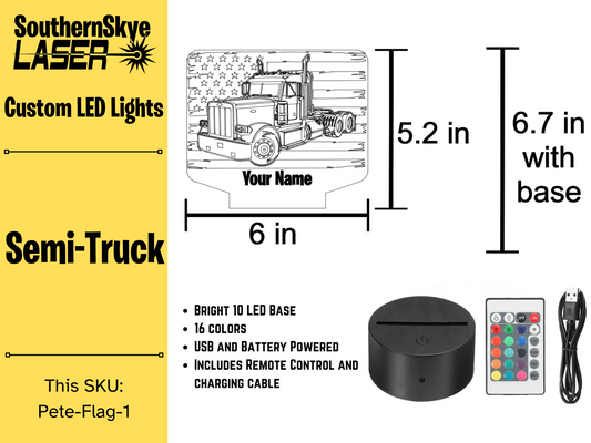 Peterbilt Semi-Truck with American Flag LED Light, Night Light, Desk Light Personalized Gift