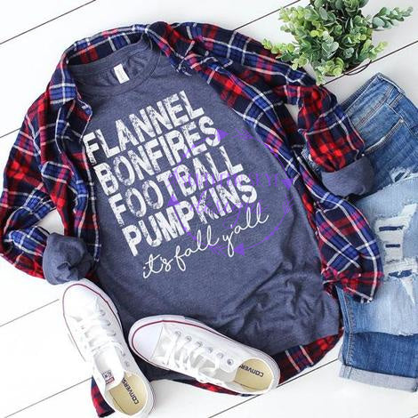 Flannel Bonfires Football Pumpkins It's Fall Y'all - BLACK PRINT