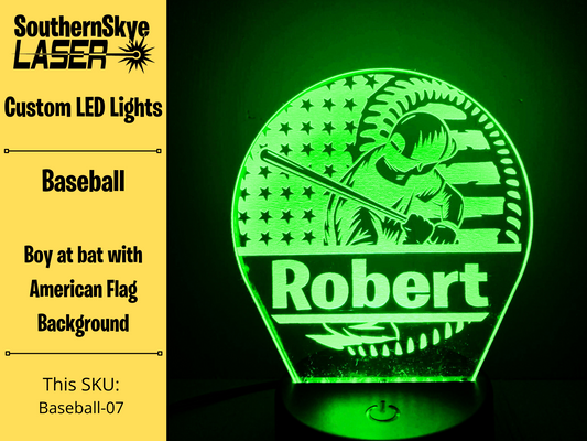 Baseball LED Light with boy at bat American Flag Background, Night Light, Desk Light Personalized Gift, Trophy, Award