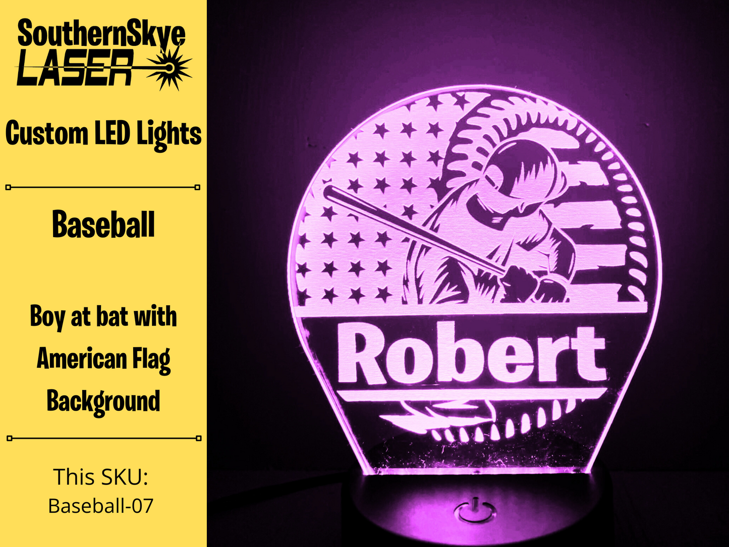 Baseball LED Light with boy at bat American Flag Background, Night Light, Desk Light Personalized Gift, Trophy, Award