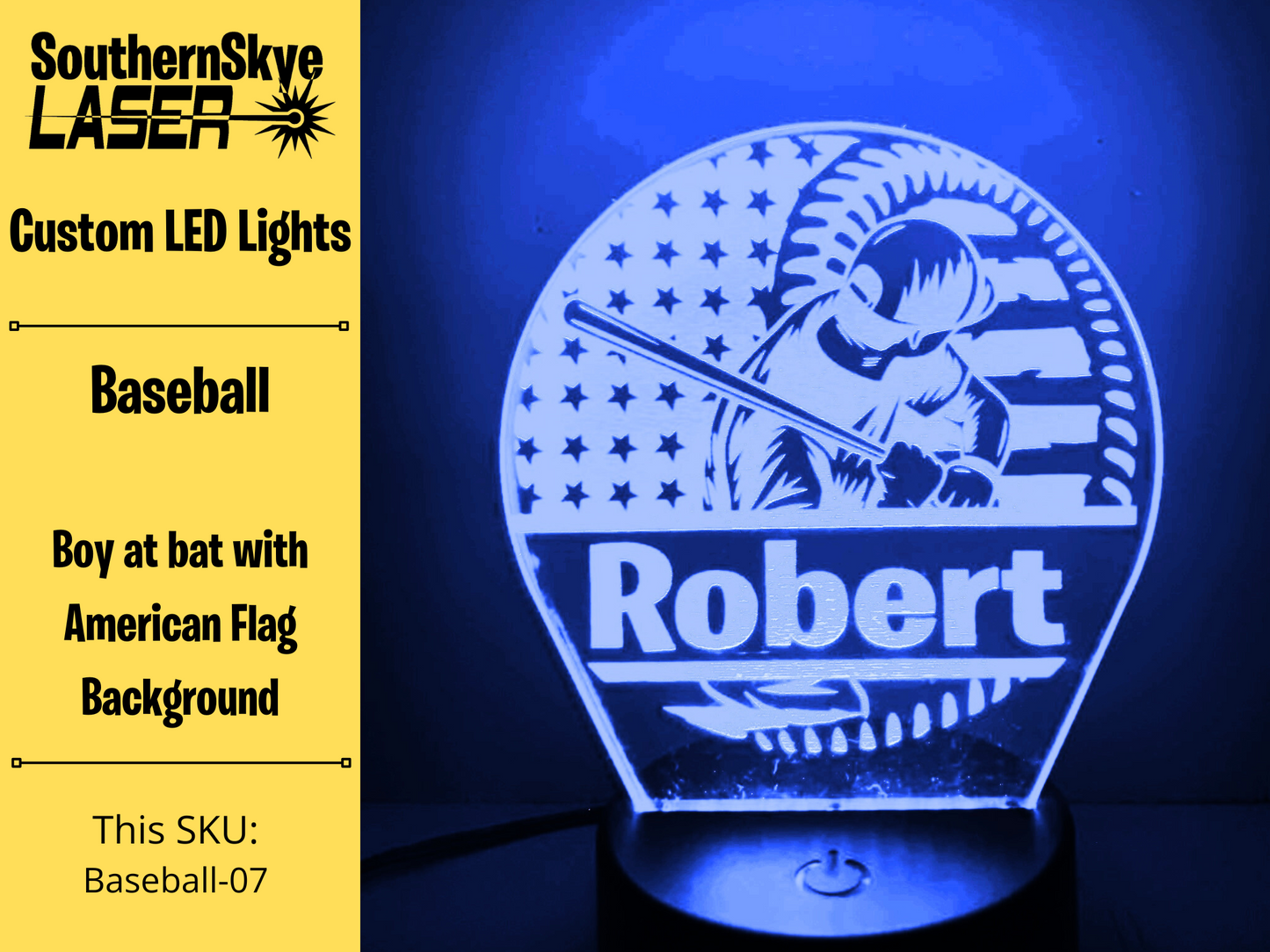 Baseball LED Light with boy at bat American Flag Background, Night Light, Desk Light Personalized Gift, Trophy, Award