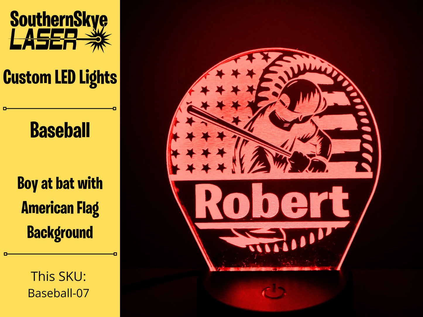 Baseball LED Light with boy at bat American Flag Background, Night Light, Desk Light Personalized Gift, Trophy, Award