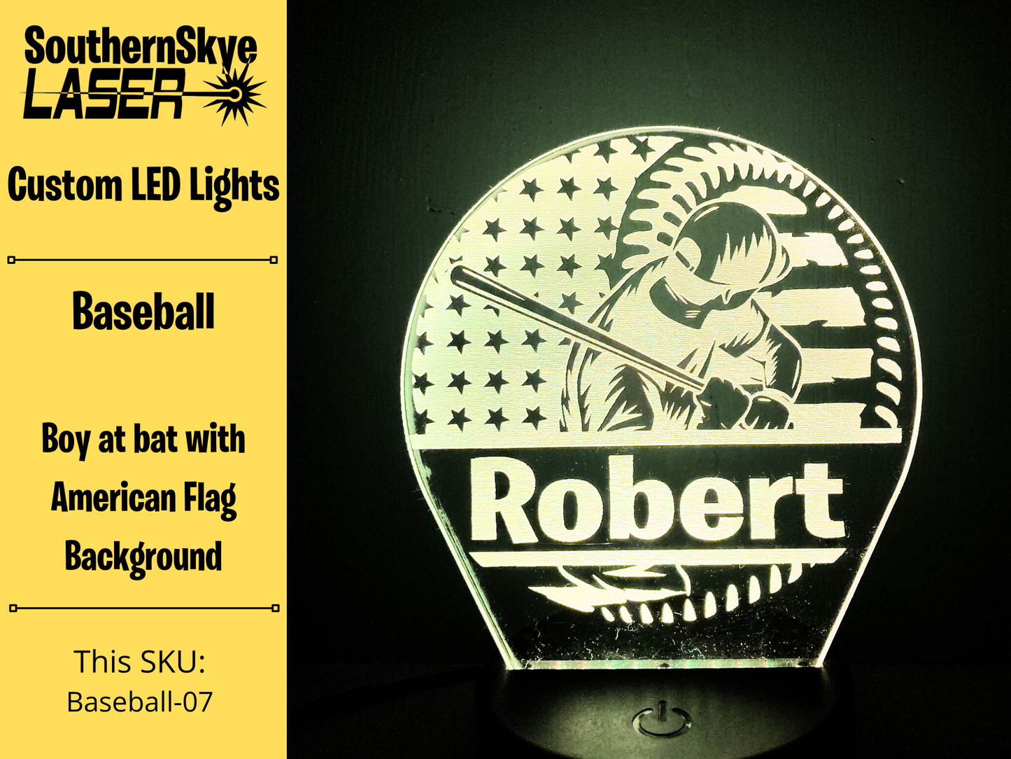 Baseball LED Light with boy at bat American Flag Background, Night Light, Desk Light Personalized Gift, Trophy, Award