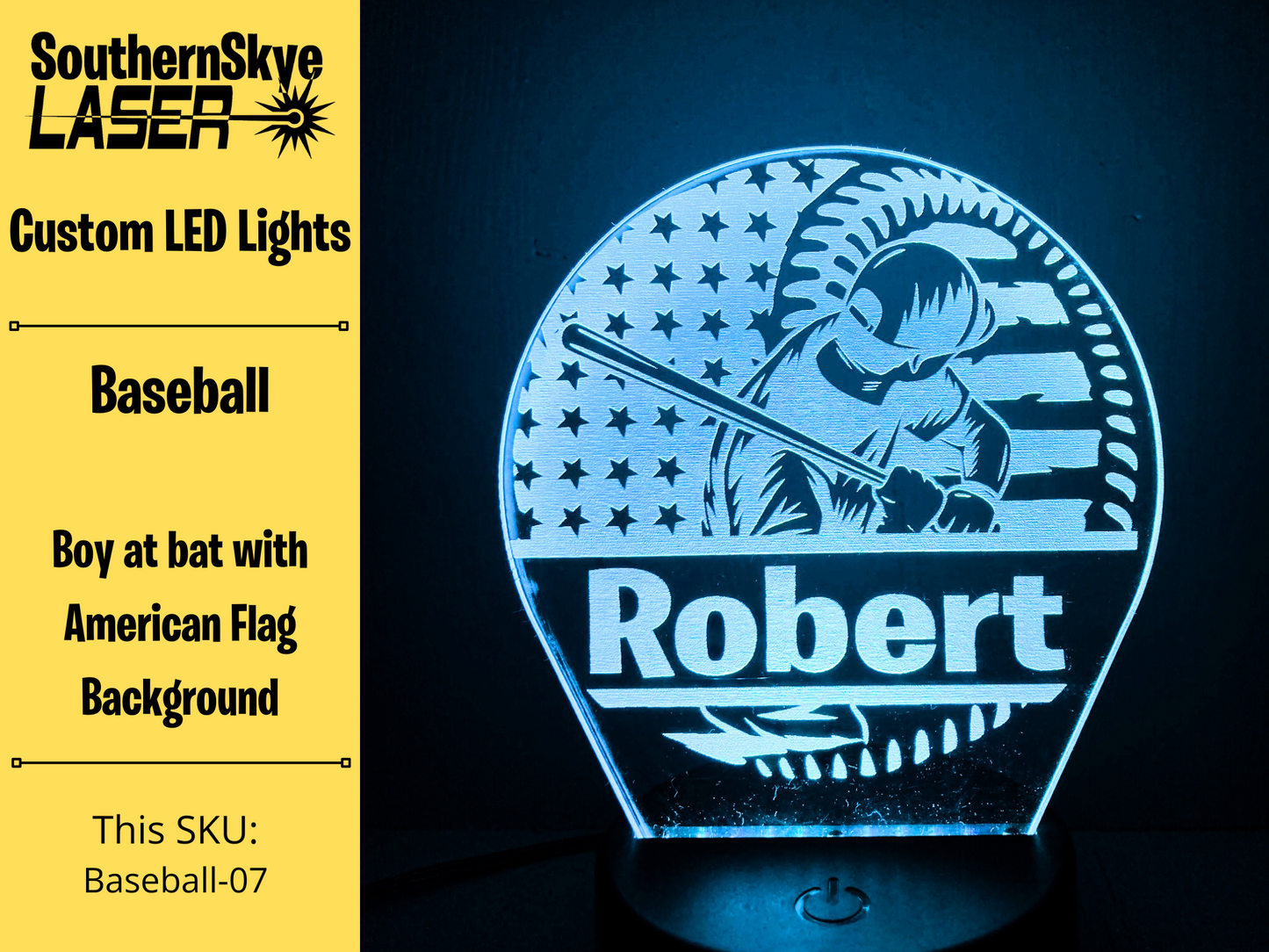 Baseball LED Light with boy at bat American Flag Background, Night Light, Desk Light Personalized Gift, Trophy, Award