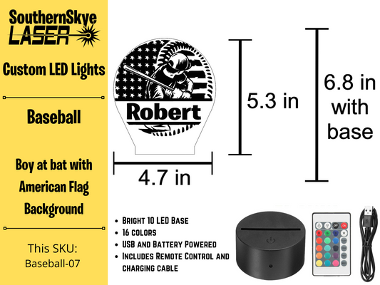 Baseball LED Light with boy at bat American Flag Background, Night Light, Desk Light Personalized Gift, Trophy, Award