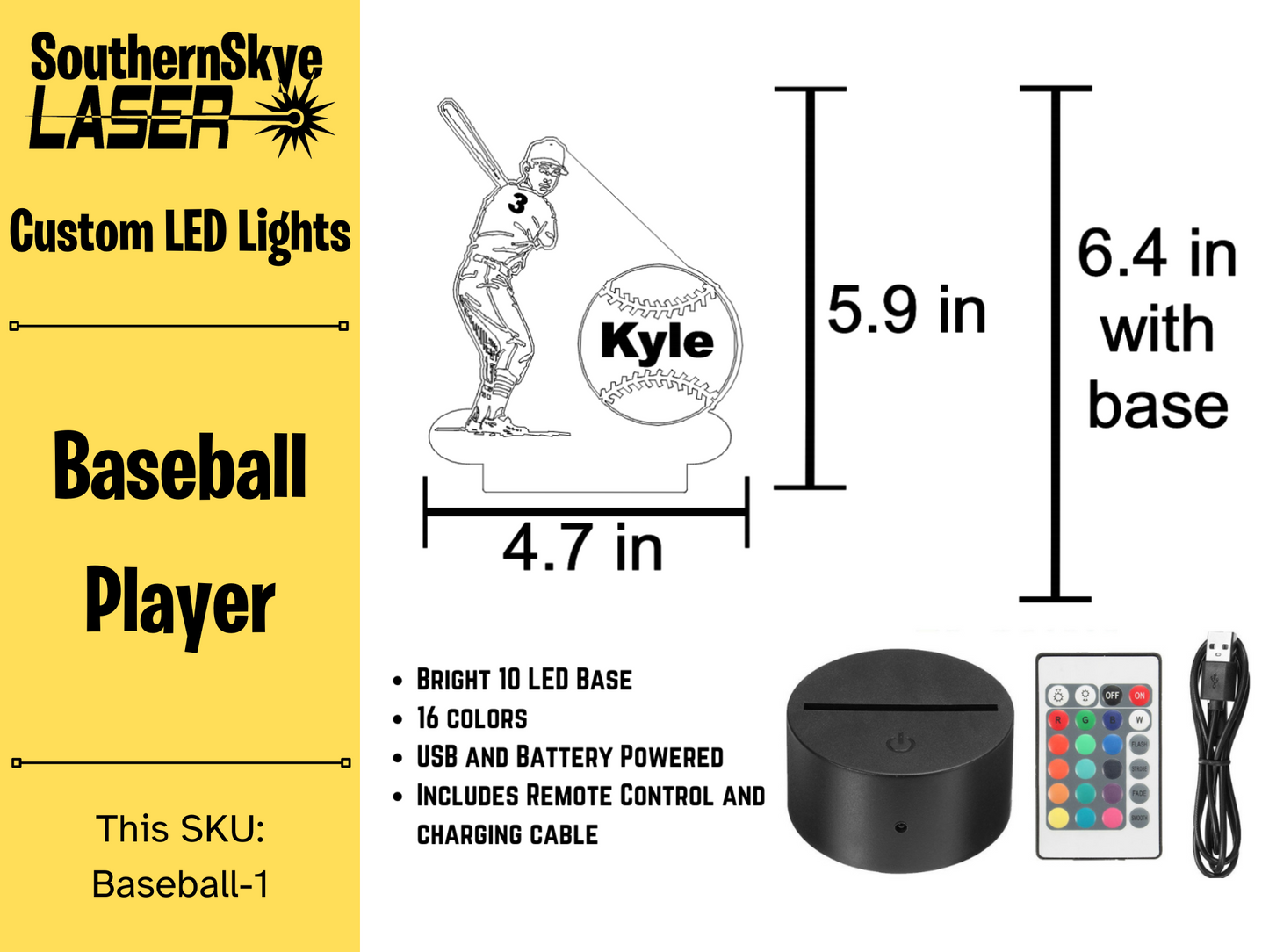 Baseball Player LED Light, Night Light, Desk Light Personalized Gift, Trophy, Award
