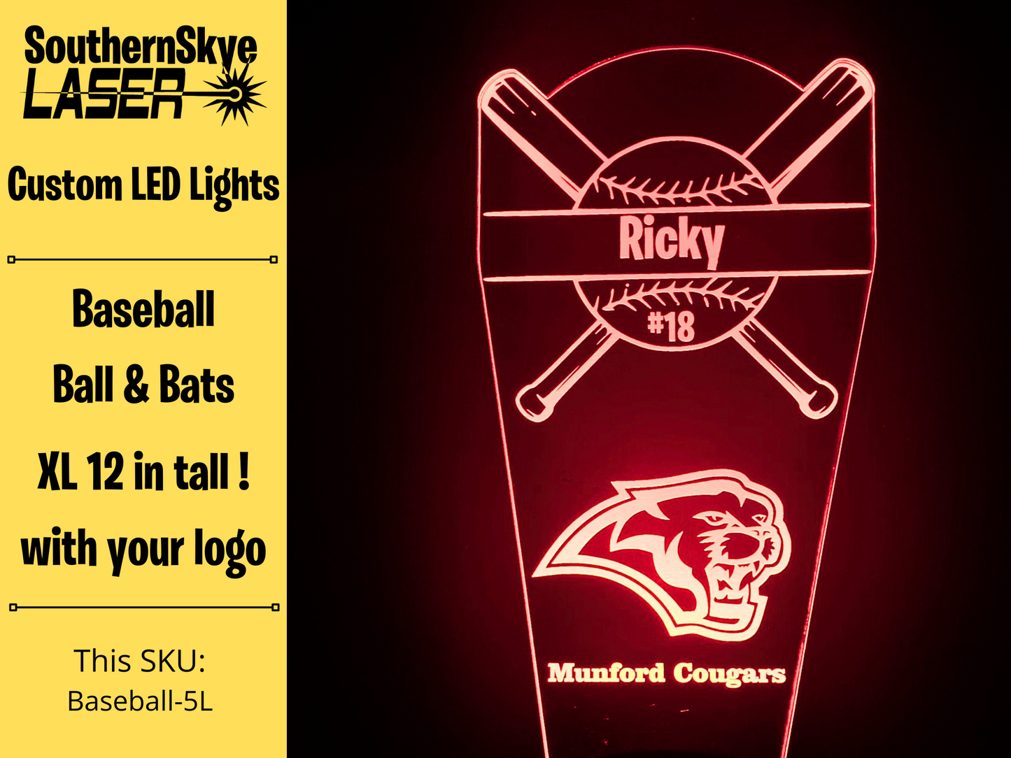 Baseball or Softball LED Light, Night Light, Desk Light Personalized Gift, Trophy, Award - XL 12 in tall