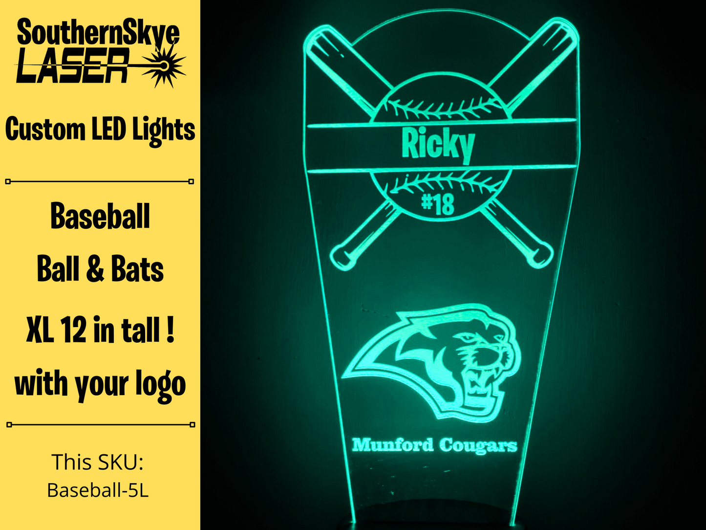 Baseball or Softball LED Light, Night Light, Desk Light Personalized Gift, Trophy, Award - XL 12 in tall
