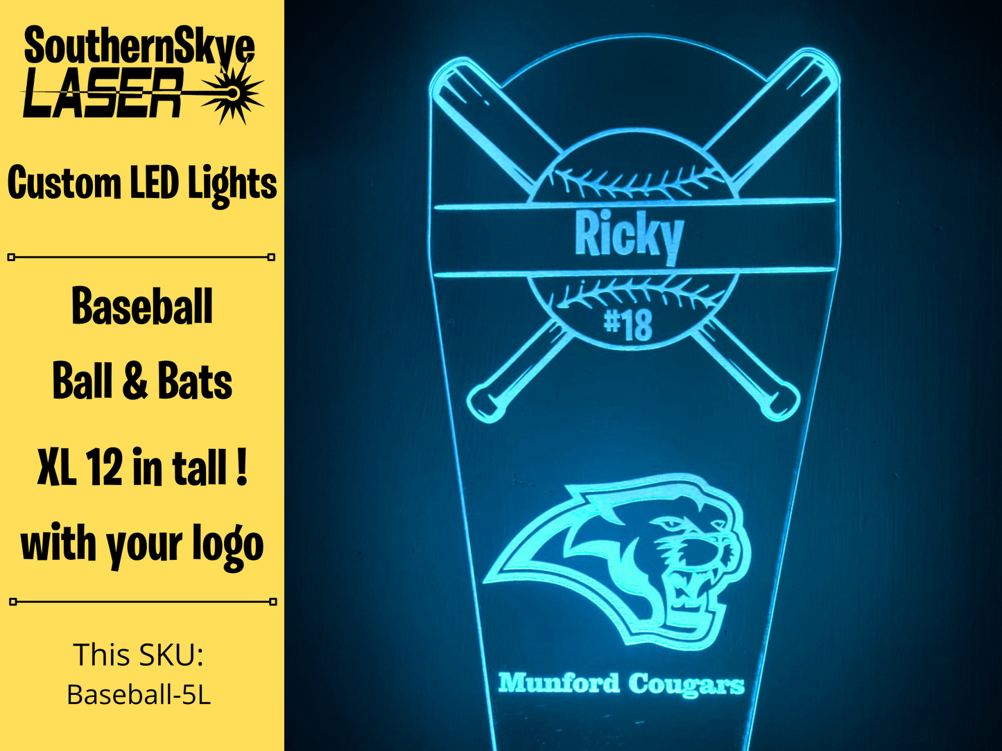 Baseball or Softball LED Light, Night Light, Desk Light Personalized Gift, Trophy, Award - XL 12 in tall