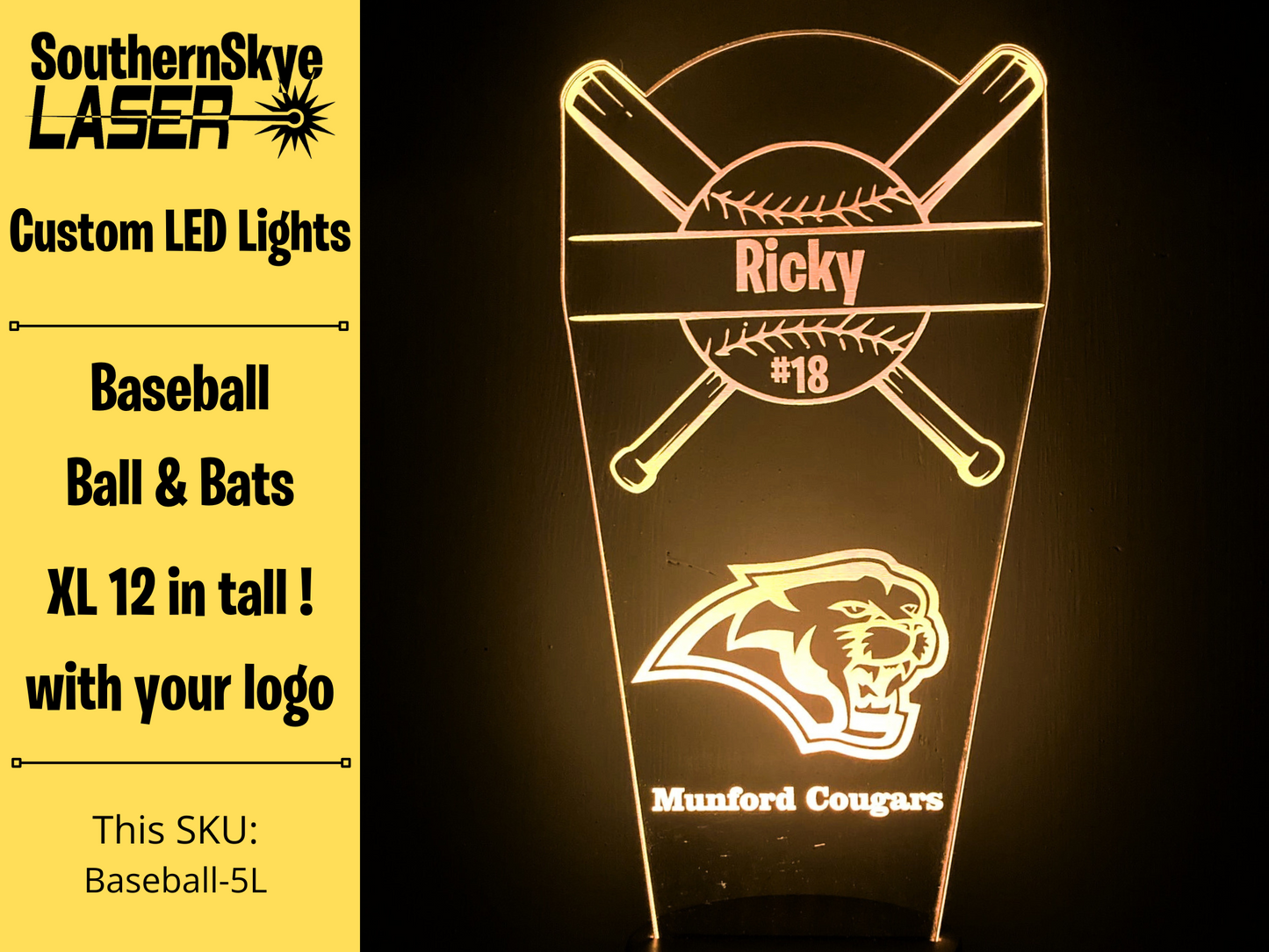 Baseball or Softball LED Light, Night Light, Desk Light Personalized Gift, Trophy, Award - XL 12 in tall