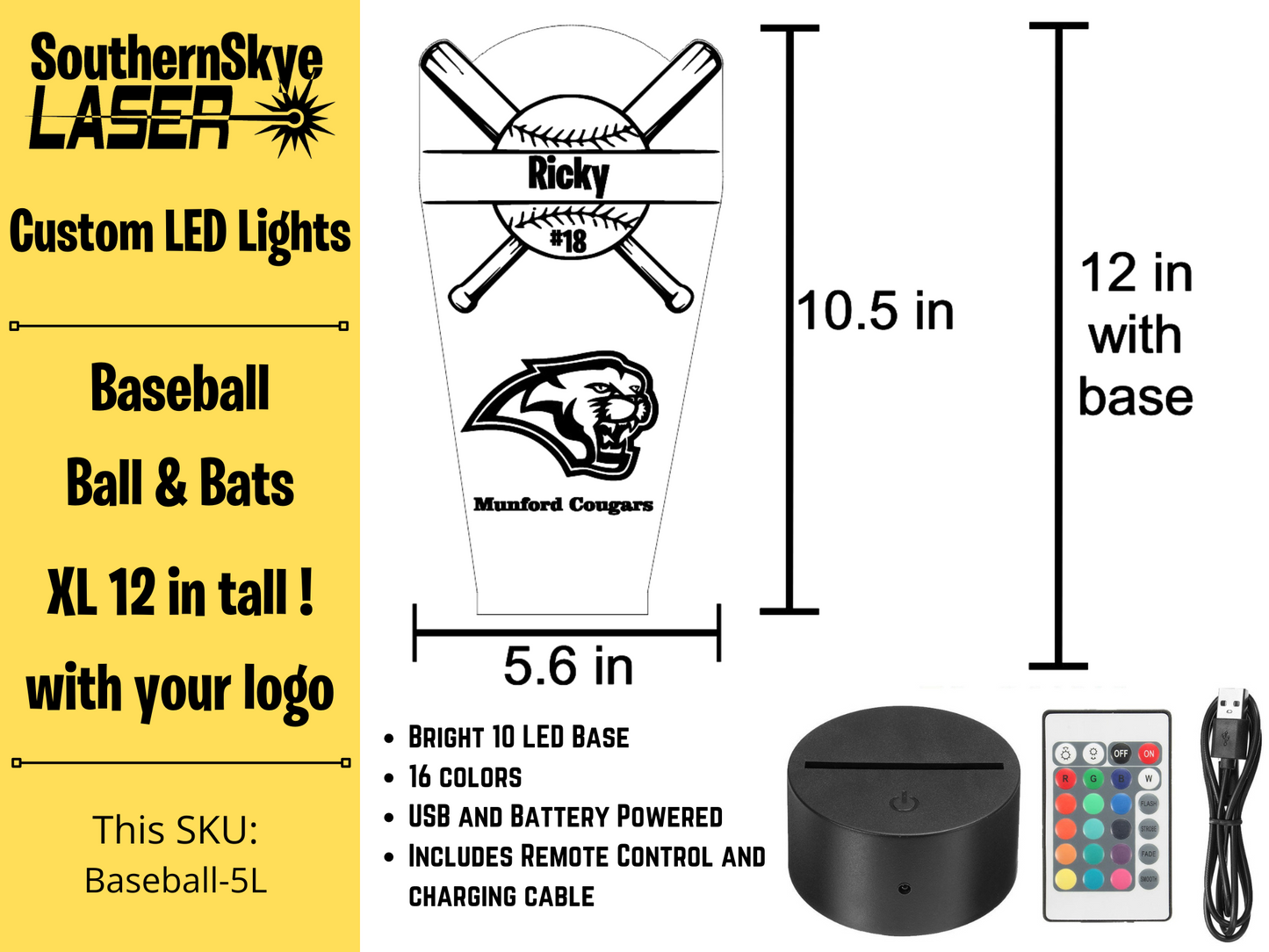 Baseball or Softball LED Light, Night Light, Desk Light Personalized Gift, Trophy, Award - XL 12 in tall