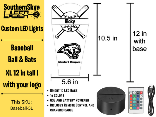 Baseball or Softball LED Light, Night Light, Desk Light Personalized Gift, Trophy, Award - XL 12 in tall
