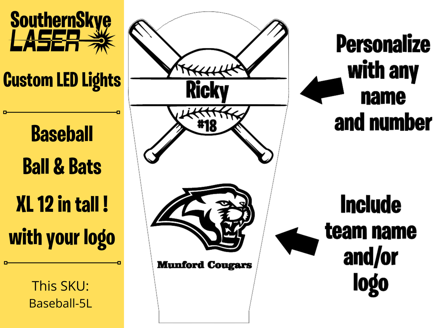 Baseball or Softball LED Light, Night Light, Desk Light Personalized Gift, Trophy, Award - XL 12 in tall