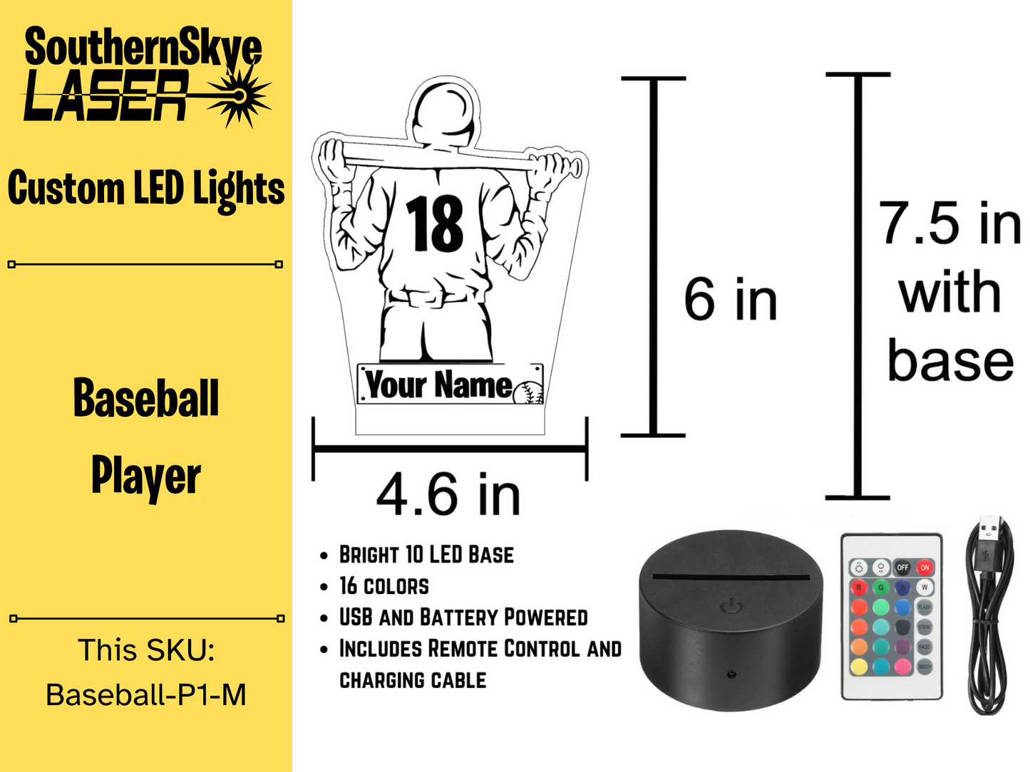 Baseball Player LED Light, Night Light, Desk Light Personalized Gift, Trophy, Award