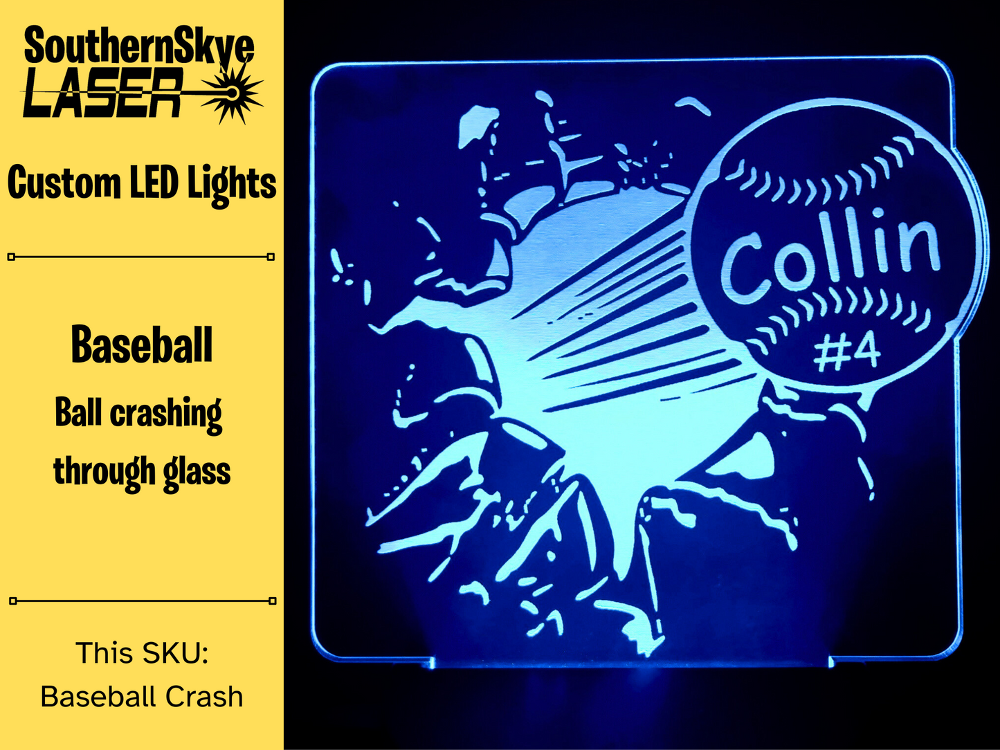 Baseball Crashing Through Glass LED Light, Night Light, Desk Light Personalized Gift, Trophy, Award