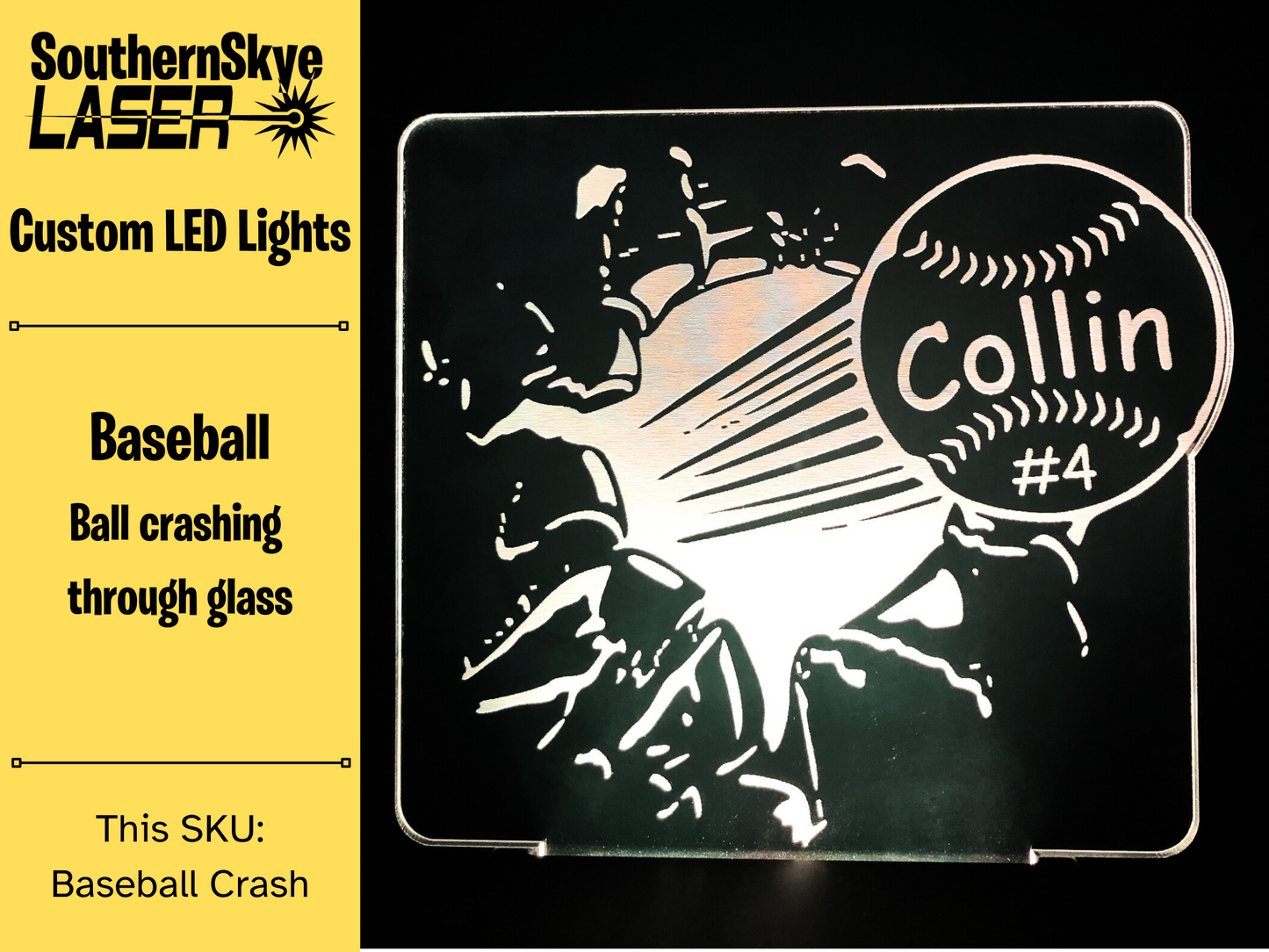 Baseball Crashing Through Glass LED Light, Night Light, Desk Light Personalized Gift, Trophy, Award