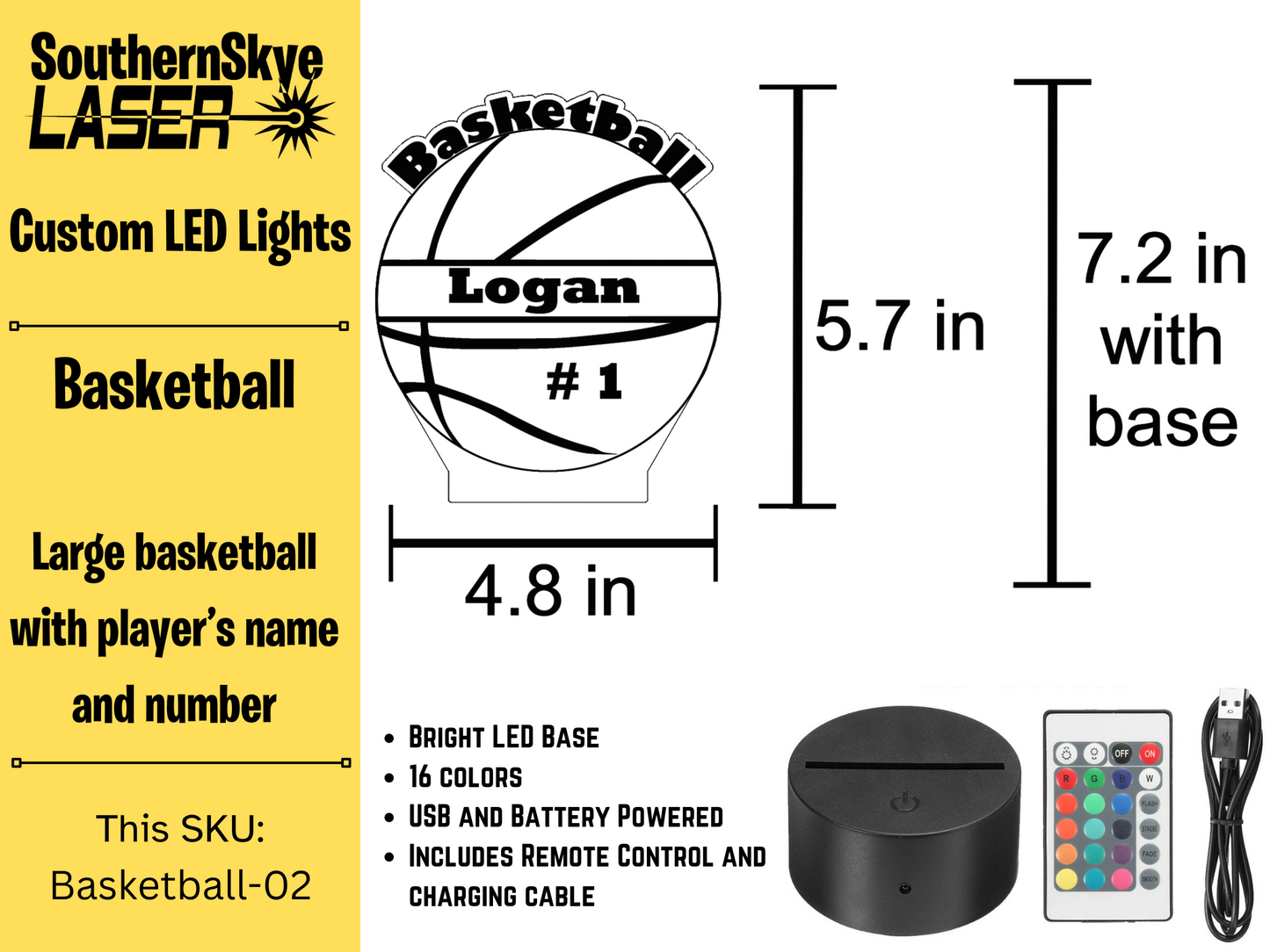Basketball LED Light Featuring Ball with Player's name and number, Night Light, Desk Light Personalized Gift, Trophy, Award