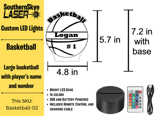 Basketball LED Light Featuring Ball with Player's name and number, Night Light, Desk Light Personalized Gift, Trophy, Award