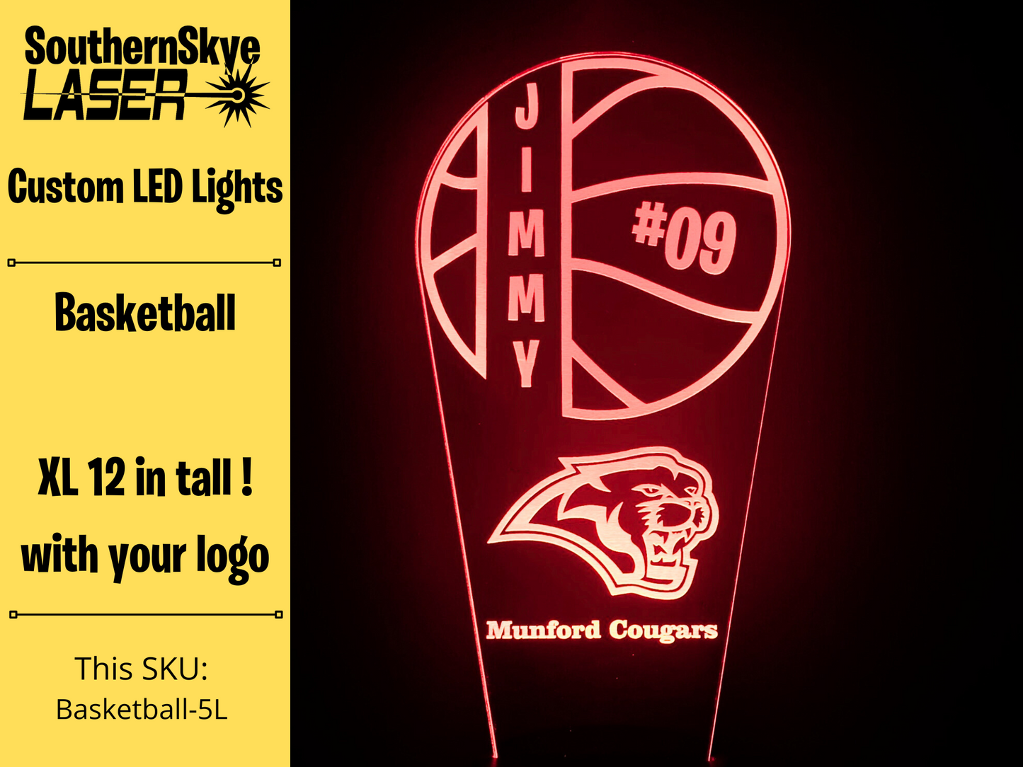 Basketball LED Light, Night Light, Desk Light Personalized Gift, Trophy, Award - XL 12 in tall