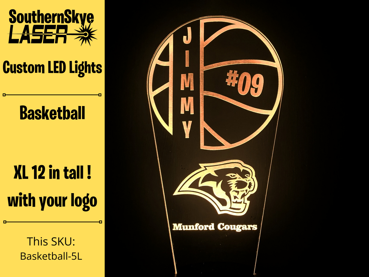 Basketball LED Light, Night Light, Desk Light Personalized Gift, Trophy, Award - XL 12 in tall