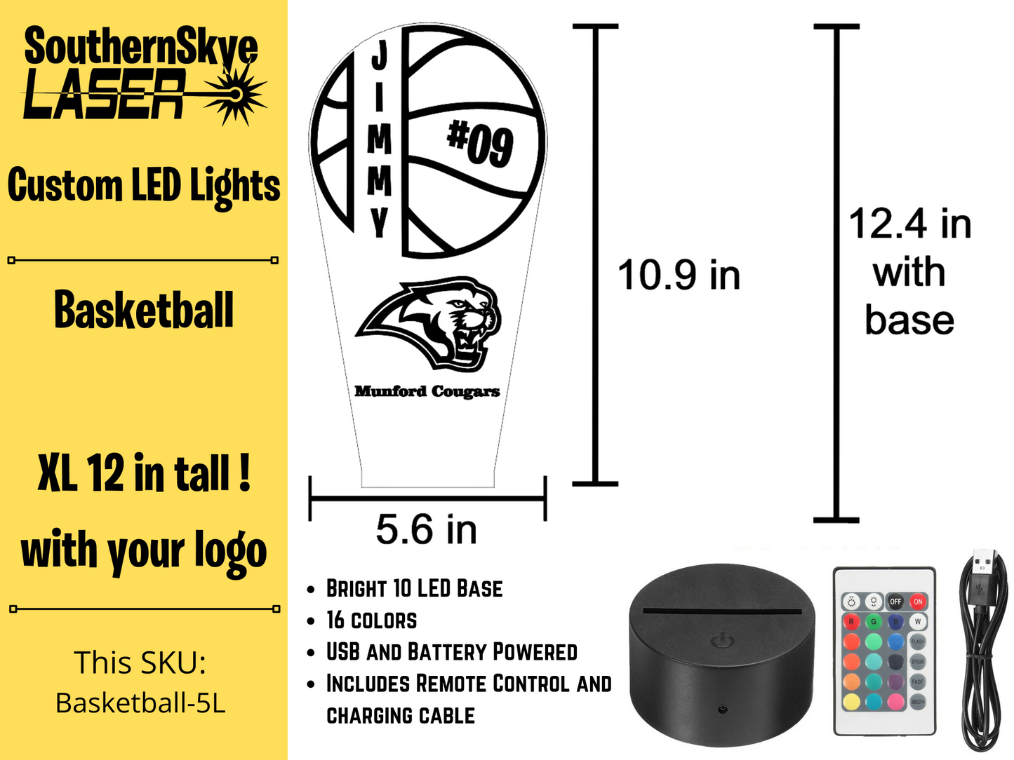 Basketball LED Light, Night Light, Desk Light Personalized Gift, Trophy, Award - XL 12 in tall