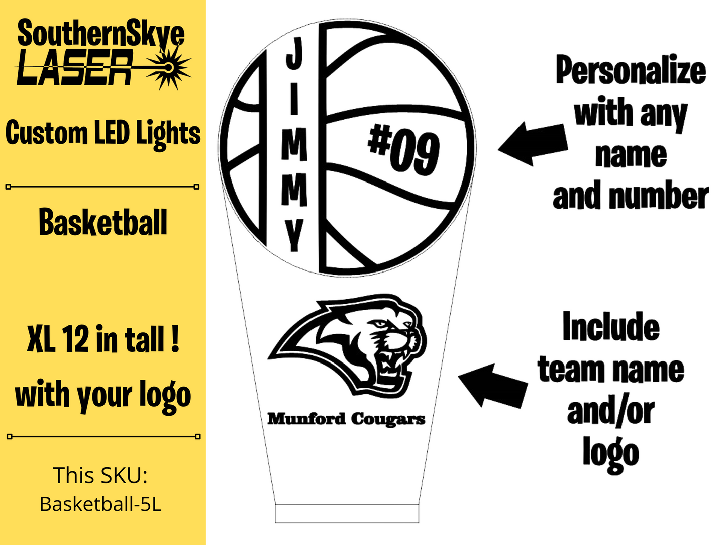 Basketball LED Light, Night Light, Desk Light Personalized Gift, Trophy, Award - XL 12 in tall