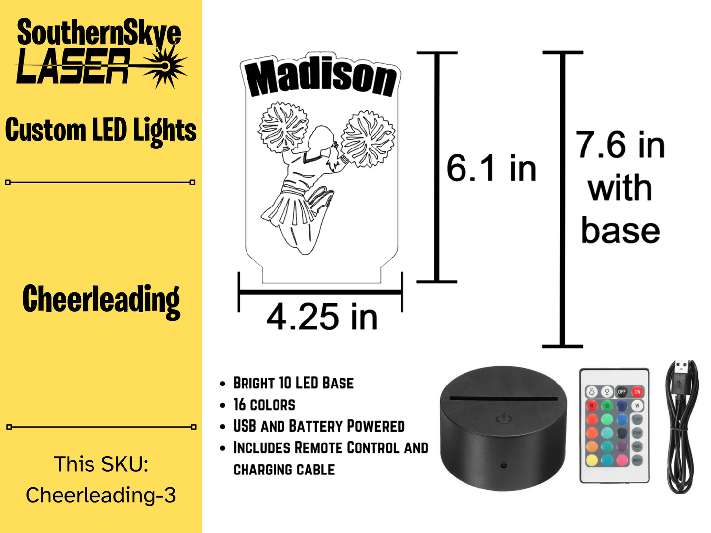 Cheerleader LED Light, Night Light, Desk Light Personalized Gift, Trophy, Award