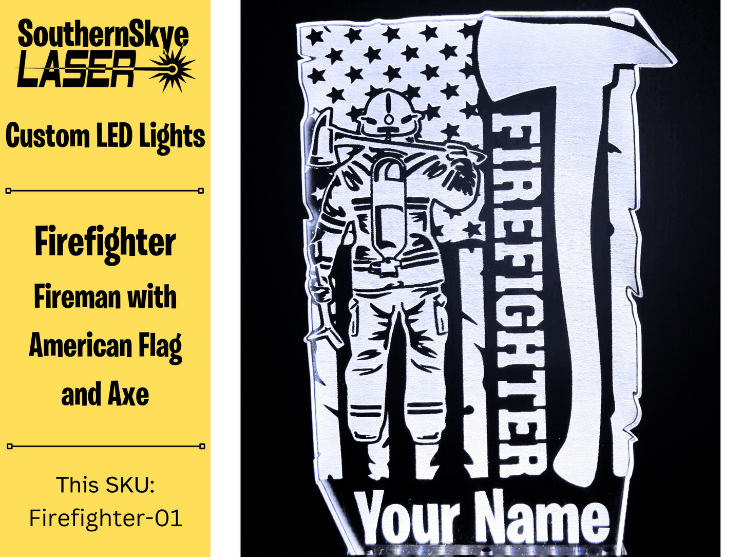 Firefighter LED Light Featuring Firemand with American Flag, Night Light, Desk Light Personalized Gift