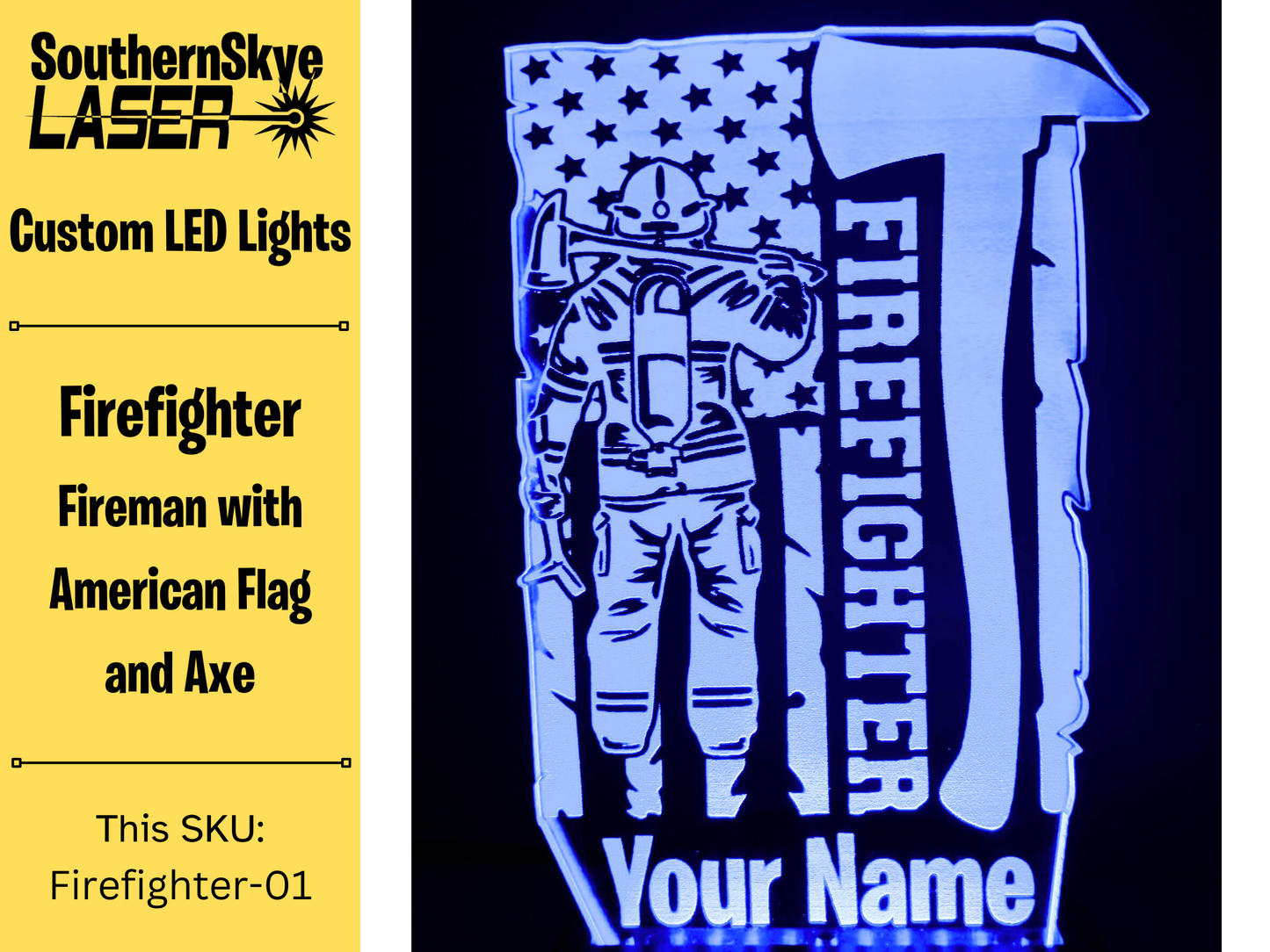Firefighter LED Light Featuring Firemand with American Flag, Night Light, Desk Light Personalized Gift