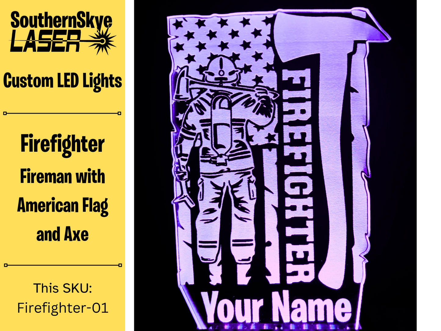 Firefighter LED Light Featuring Firemand with American Flag, Night Light, Desk Light Personalized Gift