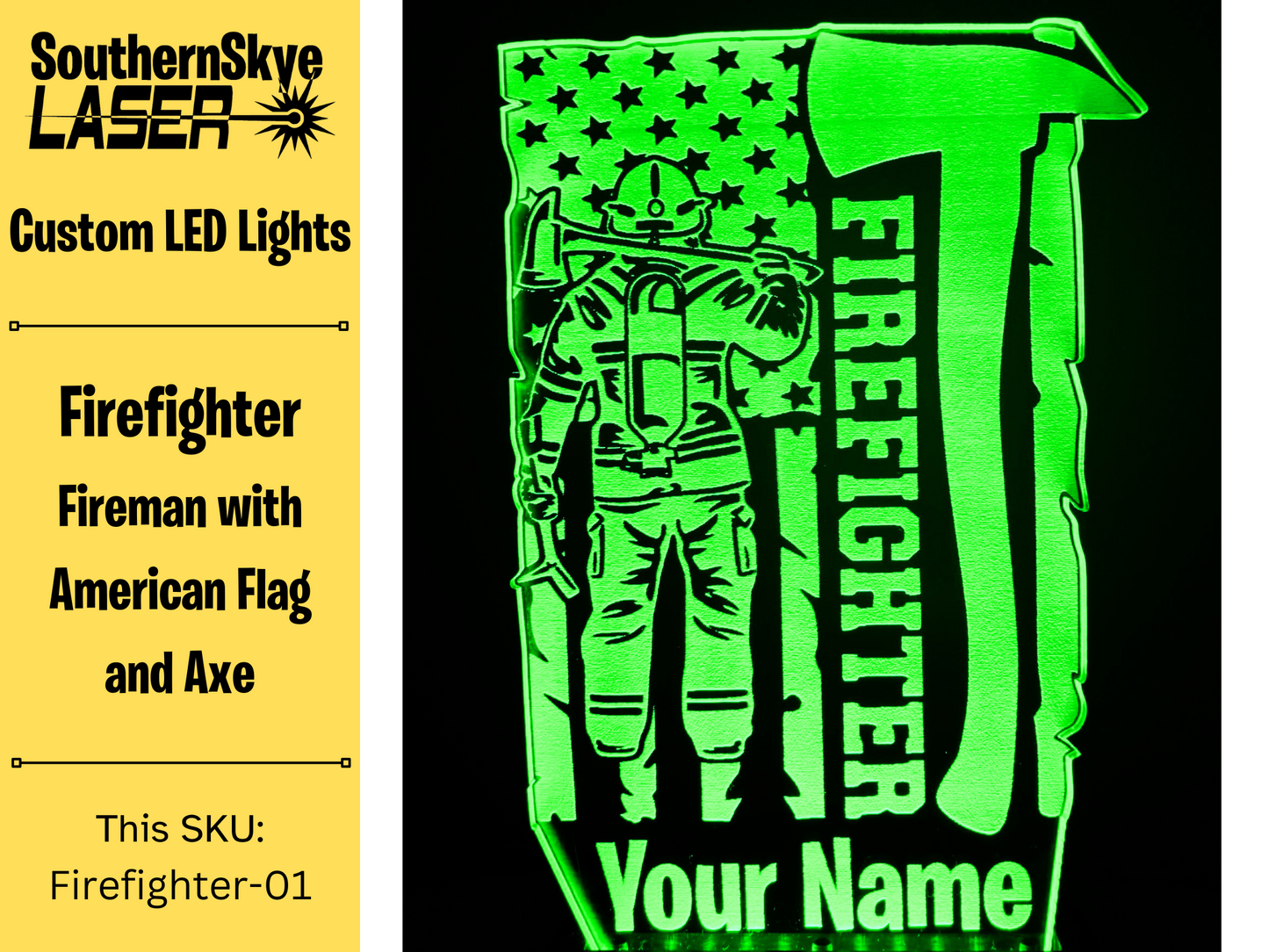Firefighter LED Light Featuring Firemand with American Flag, Night Light, Desk Light Personalized Gift