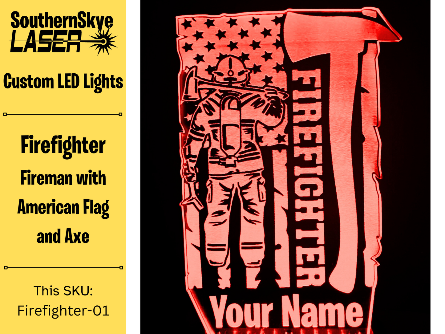 Firefighter LED Light Featuring Firemand with American Flag, Night Light, Desk Light Personalized Gift