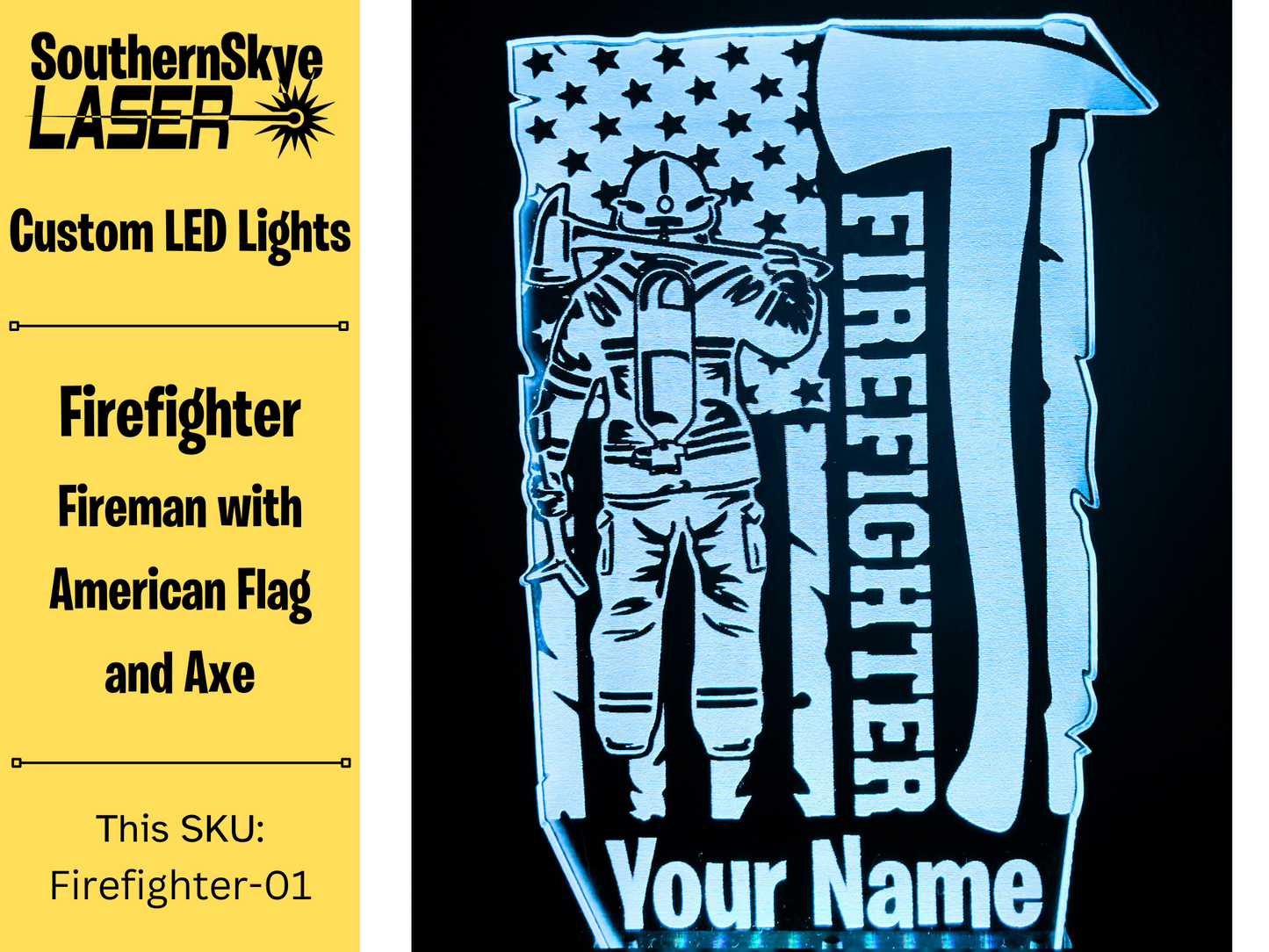 Firefighter LED Light Featuring Firemand with American Flag, Night Light, Desk Light Personalized Gift