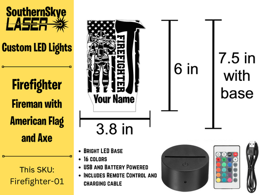 Firefighter LED Light Featuring Firemand with American Flag, Night Light, Desk Light Personalized Gift