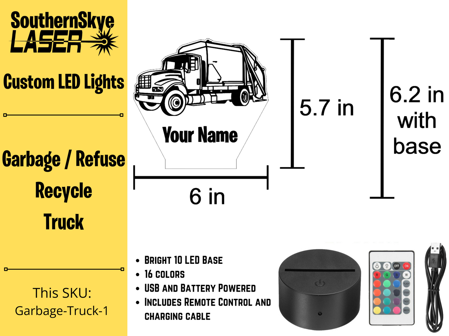Garbage Refuse Recycling Truck LED Light, Night Light, Desk Light, Personalized Gift