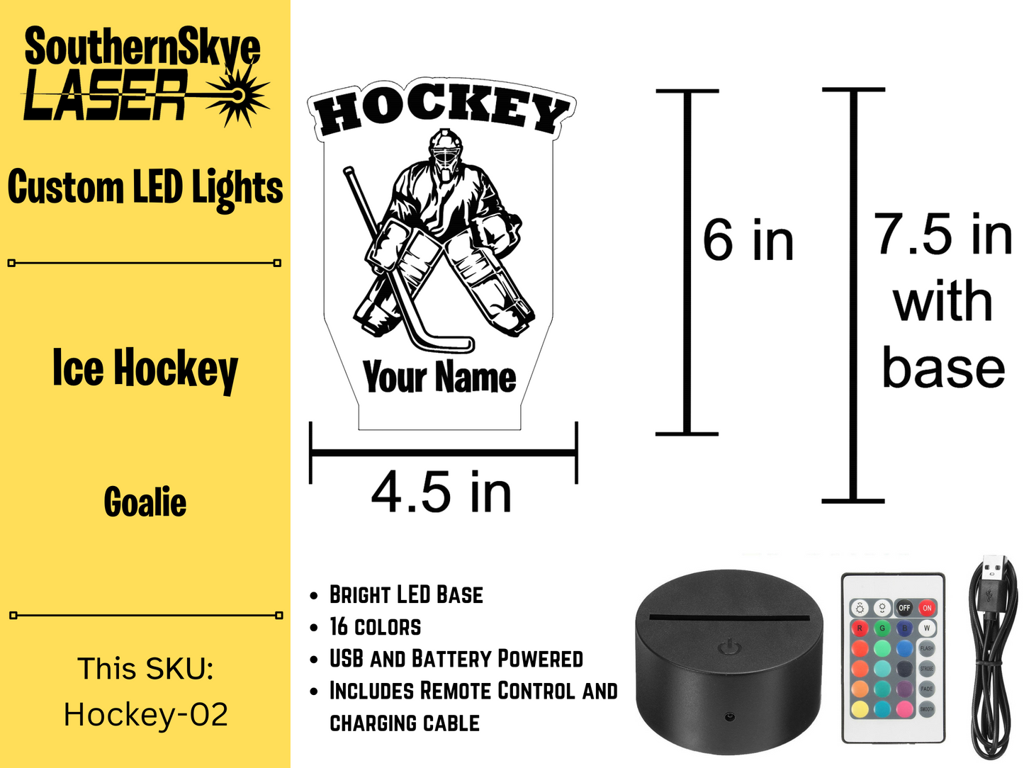 Ice Hockey LED Light Featuring Goalie, Night Light, Desk Light Personalized Gift, Trophy, Award