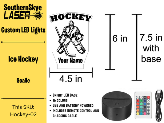 Ice Hockey LED Light Featuring Goalie, Night Light, Desk Light Personalized Gift, Trophy, Award