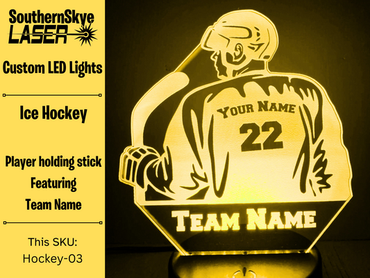 Ice Hockey LED Light Featuring Player holding stick with Team Name, Night Light, Desk Light Personalized Gift, Trophy, Award