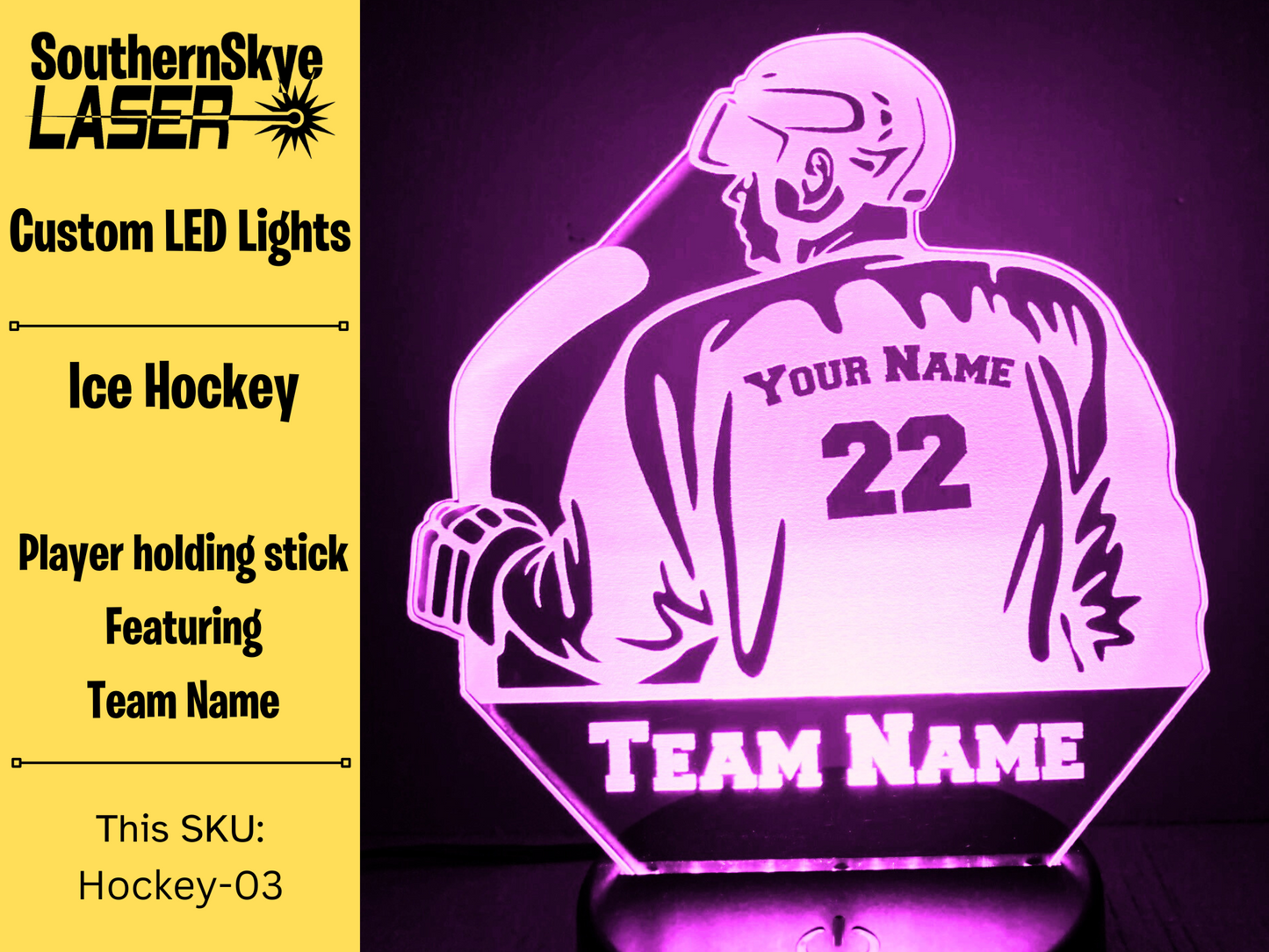 Ice Hockey LED Light Featuring Player holding stick with Team Name, Night Light, Desk Light Personalized Gift, Trophy, Award