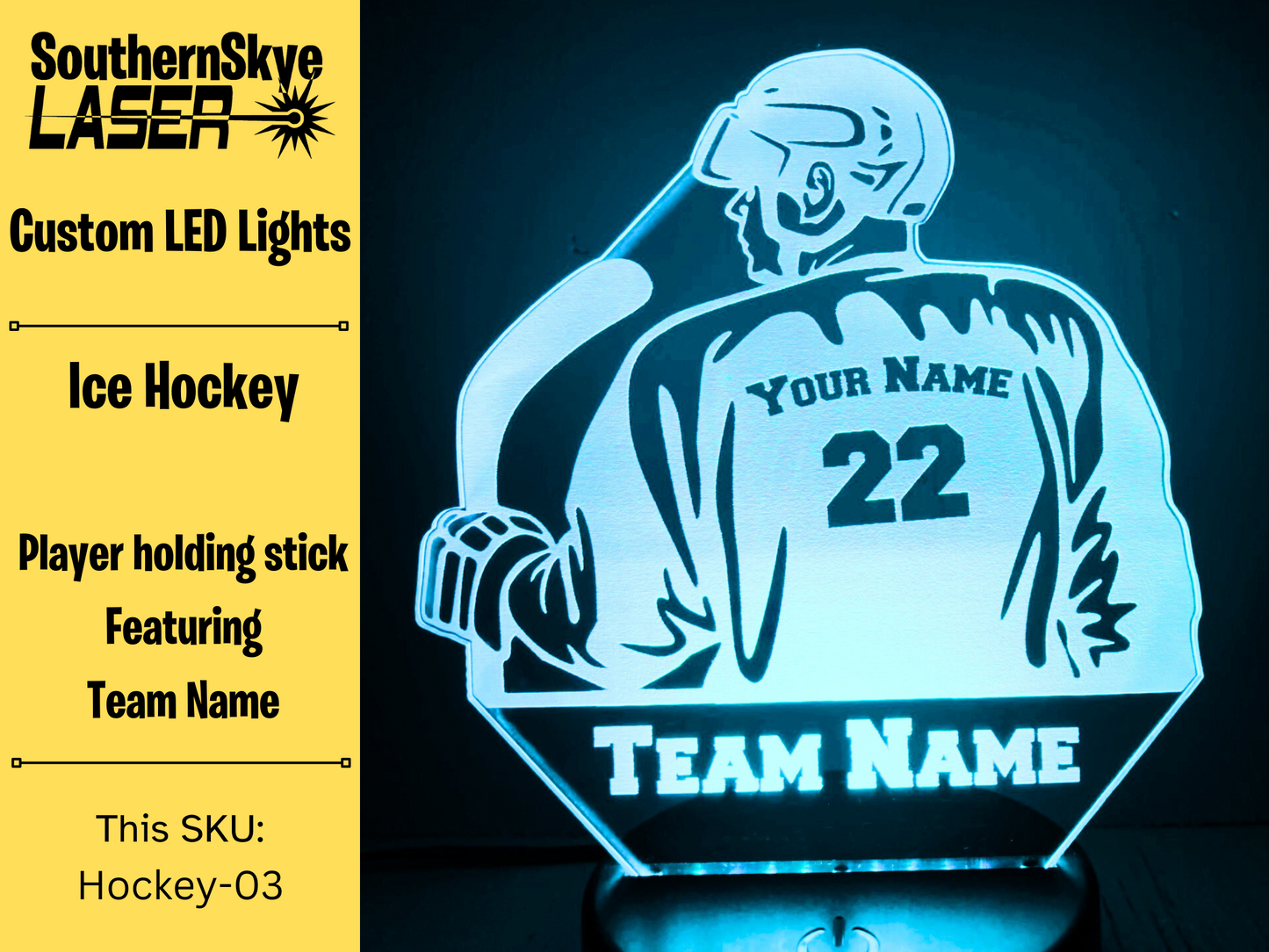 Ice Hockey LED Light Featuring Player holding stick with Team Name, Night Light, Desk Light Personalized Gift, Trophy, Award