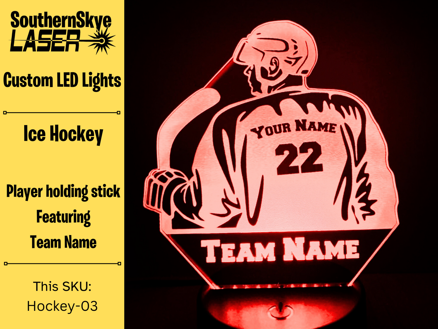 Ice Hockey LED Light Featuring Player holding stick with Team Name, Night Light, Desk Light Personalized Gift, Trophy, Award