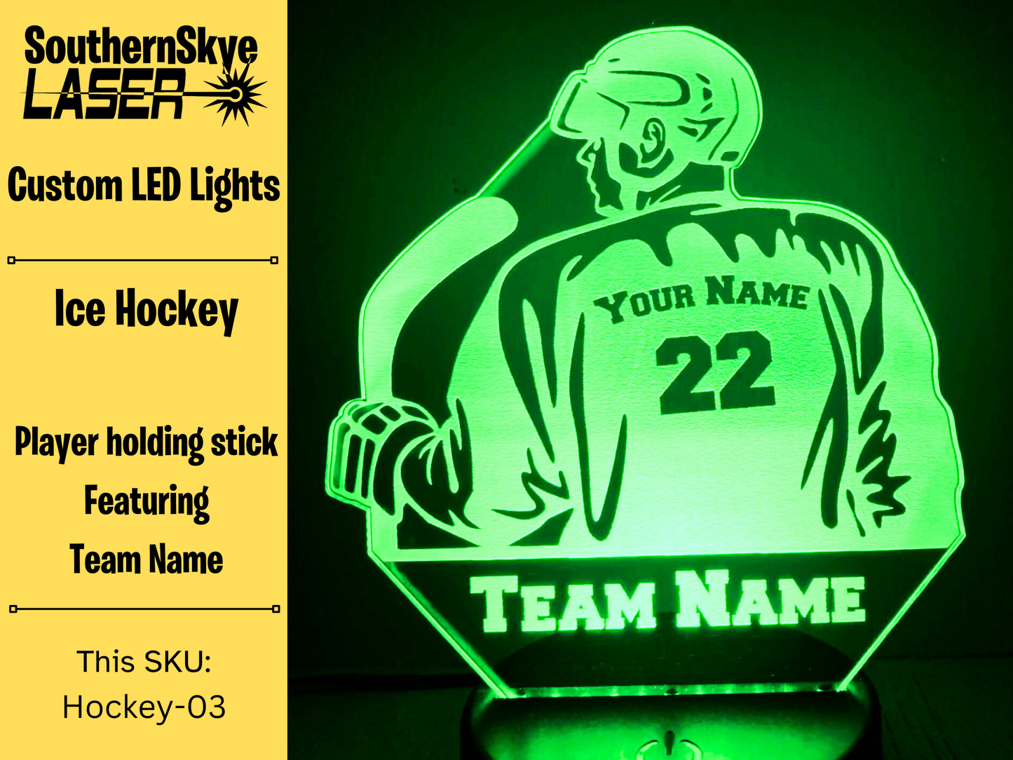 Ice Hockey LED Light Featuring Player holding stick with Team Name, Night Light, Desk Light Personalized Gift, Trophy, Award