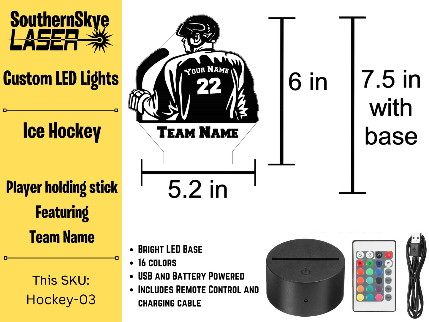 Ice Hockey LED Light Featuring Player holding stick with Team Name, Night Light, Desk Light Personalized Gift, Trophy, Award