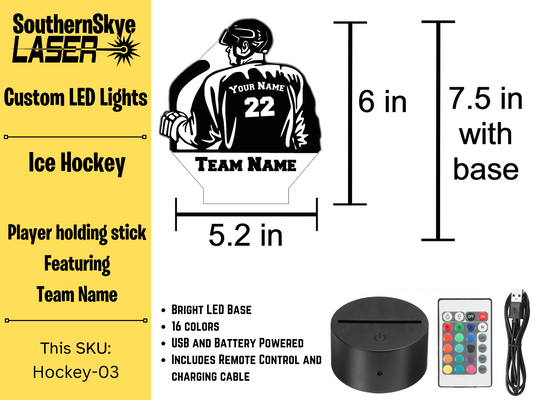 Ice Hockey LED Light Featuring Player holding stick with Team Name, Night Light, Desk Light Personalized Gift, Trophy, Award