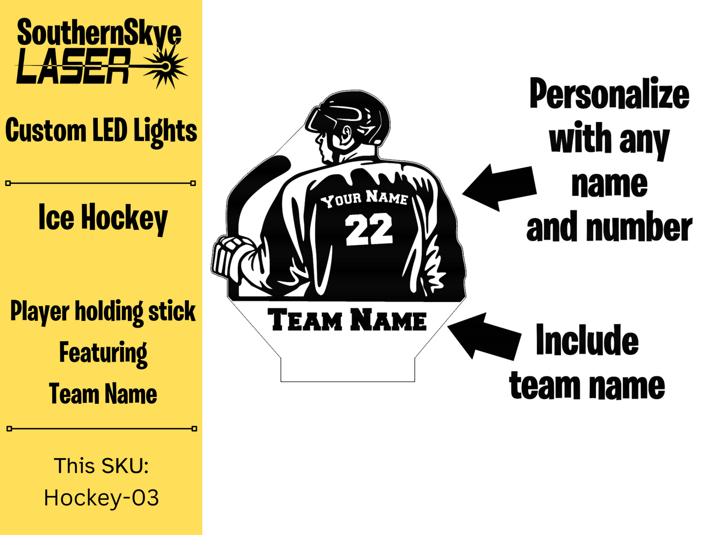 Ice Hockey LED Light Featuring Player holding stick with Team Name, Night Light, Desk Light Personalized Gift, Trophy, Award