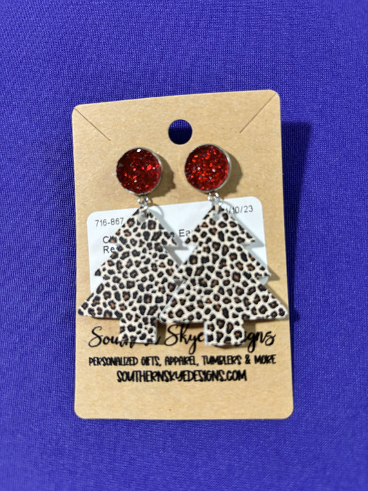 Red Sparkle & Leopard Christmas Tree Earring