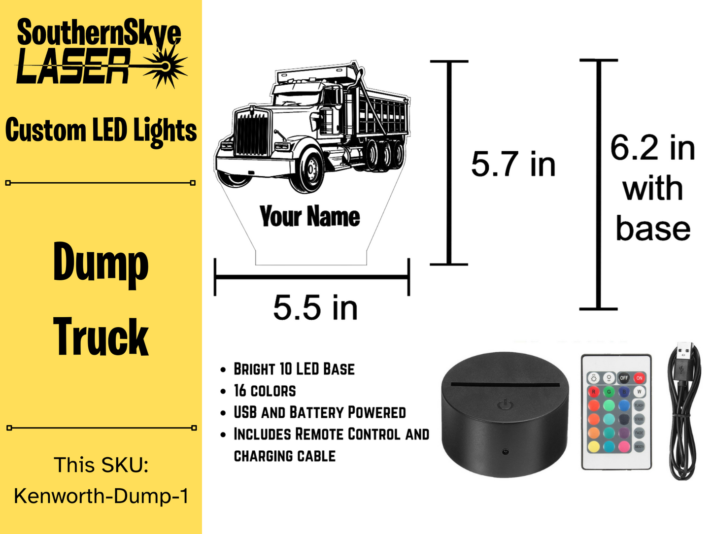Kenworth Dump Truck LED Light, Night Light, Desk Light, Personalized Gift
